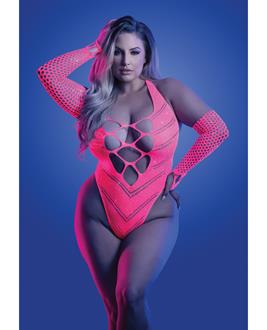 Glow Flashback Black Light Reactive Rhinestone Teddy w/Gloves (or Leg Warmers) - Neon Pink