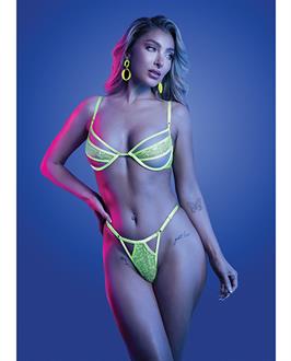 Mind Control UV Reactive Lace and Mesh Underwire Bra and Thong - Neon Green