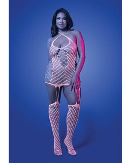 Metamorphic Glow-in-the-Dark Bodystocking Dress; Glows Pink - White