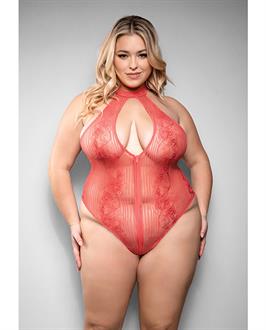 Temptress Calliope Striped Sheer Floral Lace Zippered Teddy - Coral