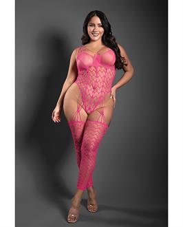 Sheer Next To You Crotchless Geometric Fishnet Teddy Bodystocking - Neon Pink