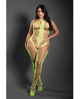 Sheer Unstoppable Crotchless Rhinestone Halter Bodystocking - Neon Green