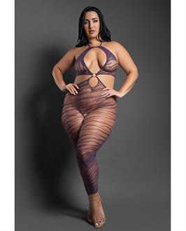 Sheer Set Me Free Mesh Body Stocking w/Zebra Pattern and Open Crotch - Purple