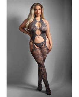 Sheer Worth The Wait Floral Fishnet Bodystocking w/G-String - Grey
