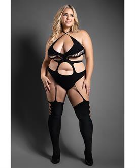 Sheer Mind Games Opaque Crotchless Teddy Bodystocking - Black