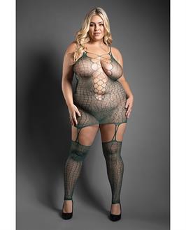 Sheer Wild Heart Reptile Print Bodystocking Dress w/Attached Stockings - Green