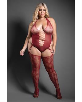 Sheer Pretty Poison Snakeskin Pattern Halter Bodystocking - Burgundy