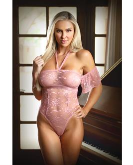 Tease Annabelle Halter Tie Stretch Lace Bodysuit w/Snap Crotch Rose Pink
