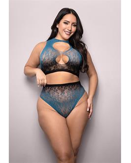 Vixen Deep Dive Ombre Leopard Knit Keyhole Top w/Panty 2 pc Set - Black/Blue