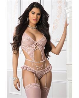 Garter Corset Teddy and Stockings Deep Rose