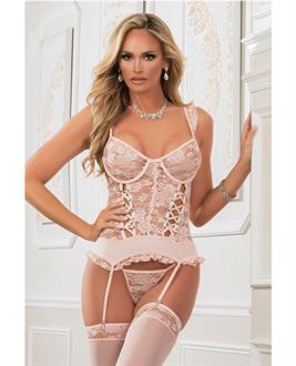Lace Up Garter Corset w/Thong and Stockings Champagne Pink