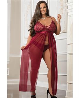Empire Waist Laced Sheer Long Dress and Panty Mulled Wine