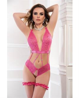 Lace Open Crotch Teddy w/Garters - Raspberry Rose