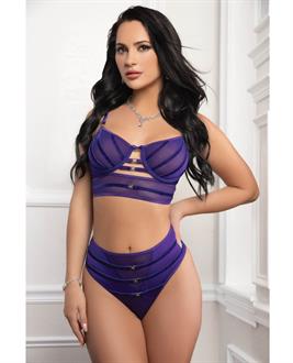 Mesh Underwire Bra 2 pc Set with Velour Accents - Purple