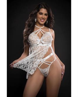 Lace Halter Babydoll w/High Waist Strappy Panty White