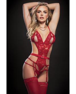 Strappy Garter Teddy w/Keyhole Cups and Stockings Red