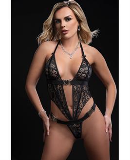Open Halter Teddy w/Heart Clasp Black