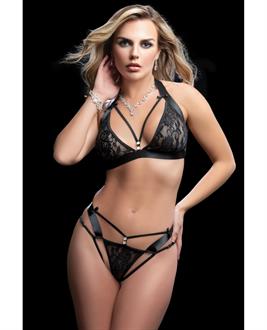Wide Strap Halter Bra w/Cut Outs and Thong Black