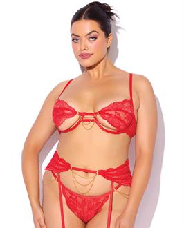 Cecily Lace Cut-Out Bra and Thong w/Garter Straps - Red