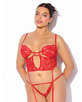 Cecily Lace and Mesh Bustier w/Thong and Garter Straps - Red