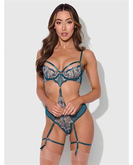 Nova Lace Teddy w/Garters - Jade Blue