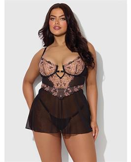 Nova Lace and Mesh Babydoll w/G-String 2 pc Set - Black