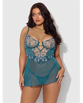 Nova Lace and Mesh Babydoll w/G-String 2 pc Set - Jade Blue