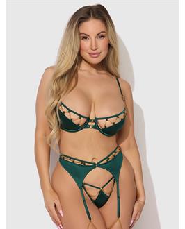 Evangeline Satin and Chain Push Up Bra, Thigh Garter Belt and G-String Set - Green