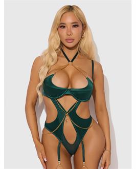 Evangeline Satin and Chain Halter Teddy - Green