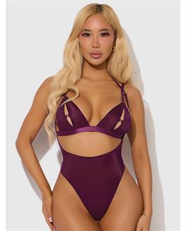 Yasmine Shimmer Mesh Slit Cup, Backless Teddy and Bralette Set - Burgundy