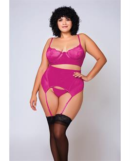 Soft Lace Bra, High Waist Satin and Mesh Garterbelt and G-String Fuchsia