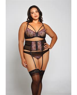 Jacquard Lace, Fine Mesh, Waist Cincher Garter and Thong Fuchsia/Black