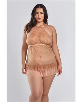 Amber Halter Lace Babydoll w/Tiered Pleated Mesh Skirt Hem and G-String Brown