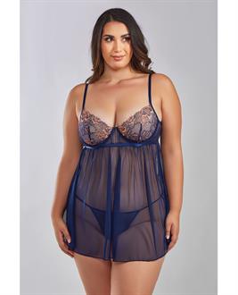 Jennie Cross Dyed Galloon Lace and Mesh Babydoll Navy