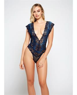 Lace and Mesh Deep V Teddy Blue