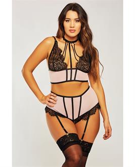 Estrella Lace and Stretch Sateen Bra and Garter Set Pink/Black