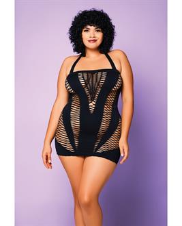 Heart of Chaos Seamless Chemise w/Halter Strap and Vertical V Cut Outs Black