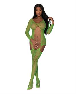 Seamless Fishnet Gartered Catsuit Lime