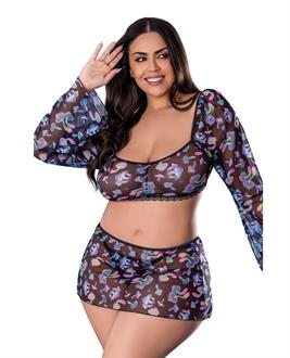 Hazy Dayz Shrooms Crop Top w/Skirt and Thong - Black