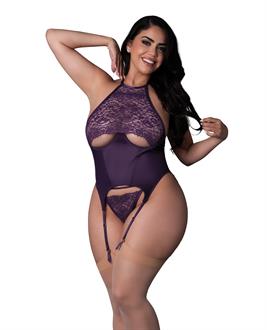 Leather and Lace Stretch Mesh and Lace Underboob Cutout Corset and Panty 2 pc Set - Plum