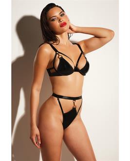 FETISH Excitement Unlined Underwire Vinyl Bra and Panty w/D-Ring and Metal Clasp Black