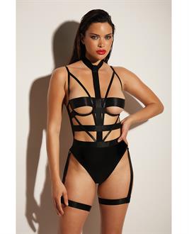 FETISH Lethal Underwire Peek A Boo Vinyl Teddy w/Choker Black
