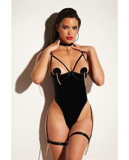 FETISH Play Open Shelf Cup Vinyl and Mesh Teddy w/Vinyl Nipple Covers and Chain Tassel Black