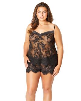 Full Eyelash Lace Camisole and Short w/Stretch Satin Edge Black