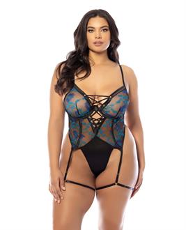 Lola Unlined Underwire Embroidered Teddy w/Attached Garter Stays - Black