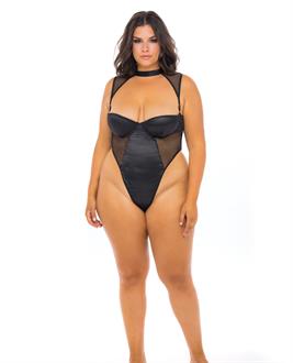 Josephine High Leg Teddy w/Removable Fishnet Collared Harness Black
