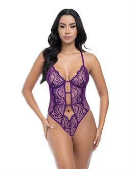 Carmen Lace and Mesh Underwire Crotchless Teddy - Imperial Purple
