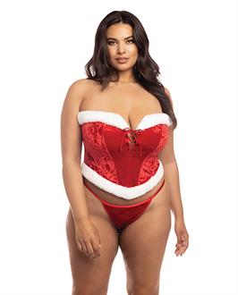 Holiday Santa's Entourage Boned Velvet Bustier w/Marabou Trim and G-String Red/White