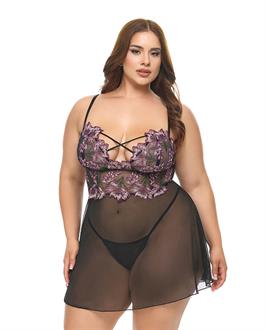 Adela Embroidered Boned Lace and Mesh Babydoll w/G-String 2 pc Set - Black/Pink