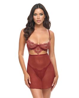 Arielle Unlined Underwire Lace Babydoll w/G-String - Burgundy